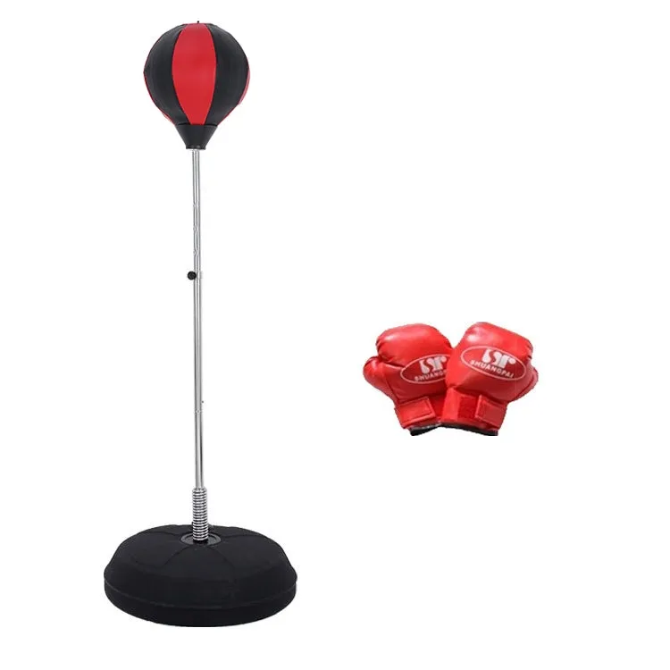 Adult Base Version Height Adjustable Vertical PU Leather Vent Ball Boxing Speed Ball Family Fitness Equipment with Gloves(Black Red)