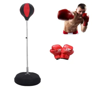 Adult Base Version Height Adjustable Vertical PU Leather Vent Ball Boxing Speed Ball Family Fitness Equipment with Gloves(Black Red)