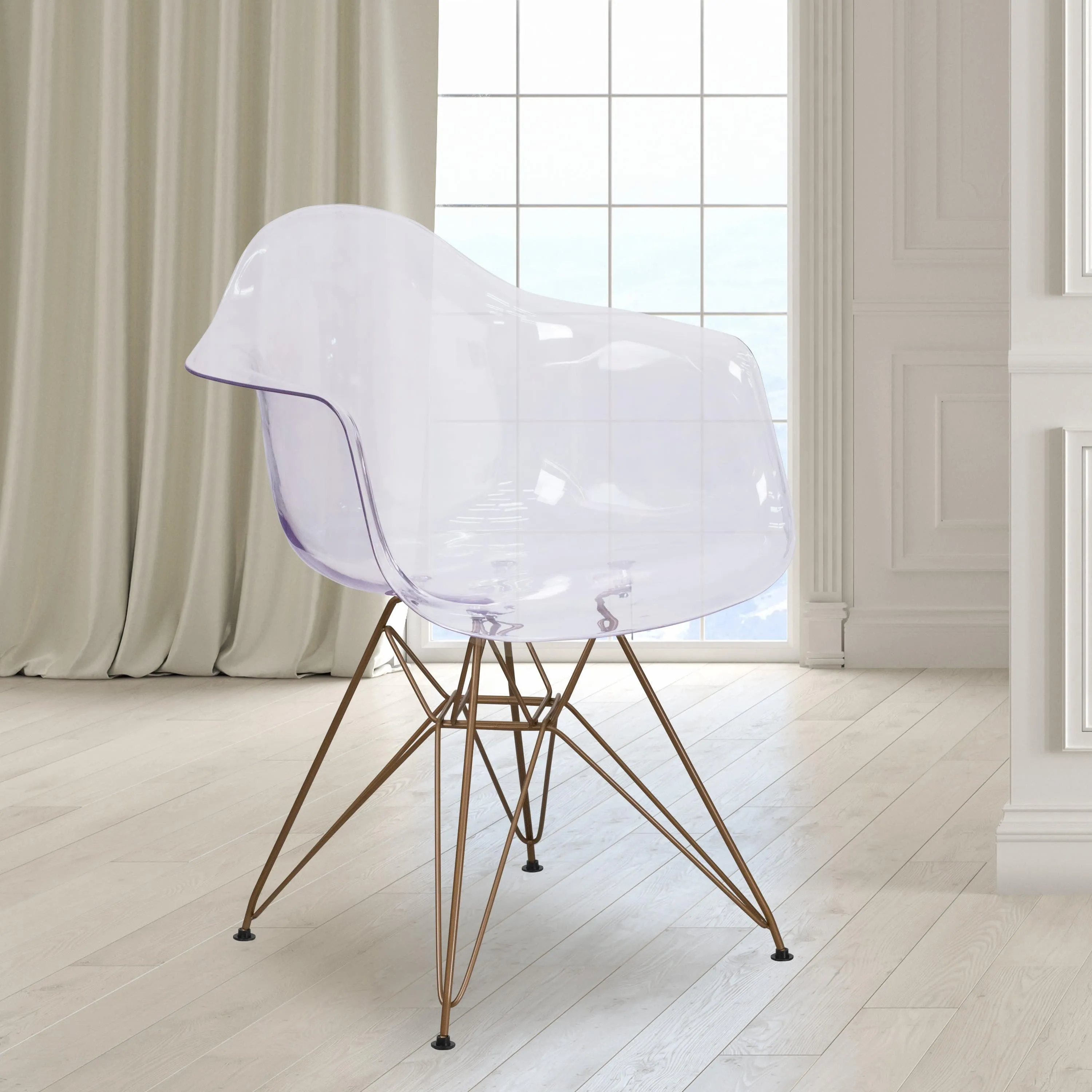 Allure Series Transparent Side Chair with Arms and Gold Base