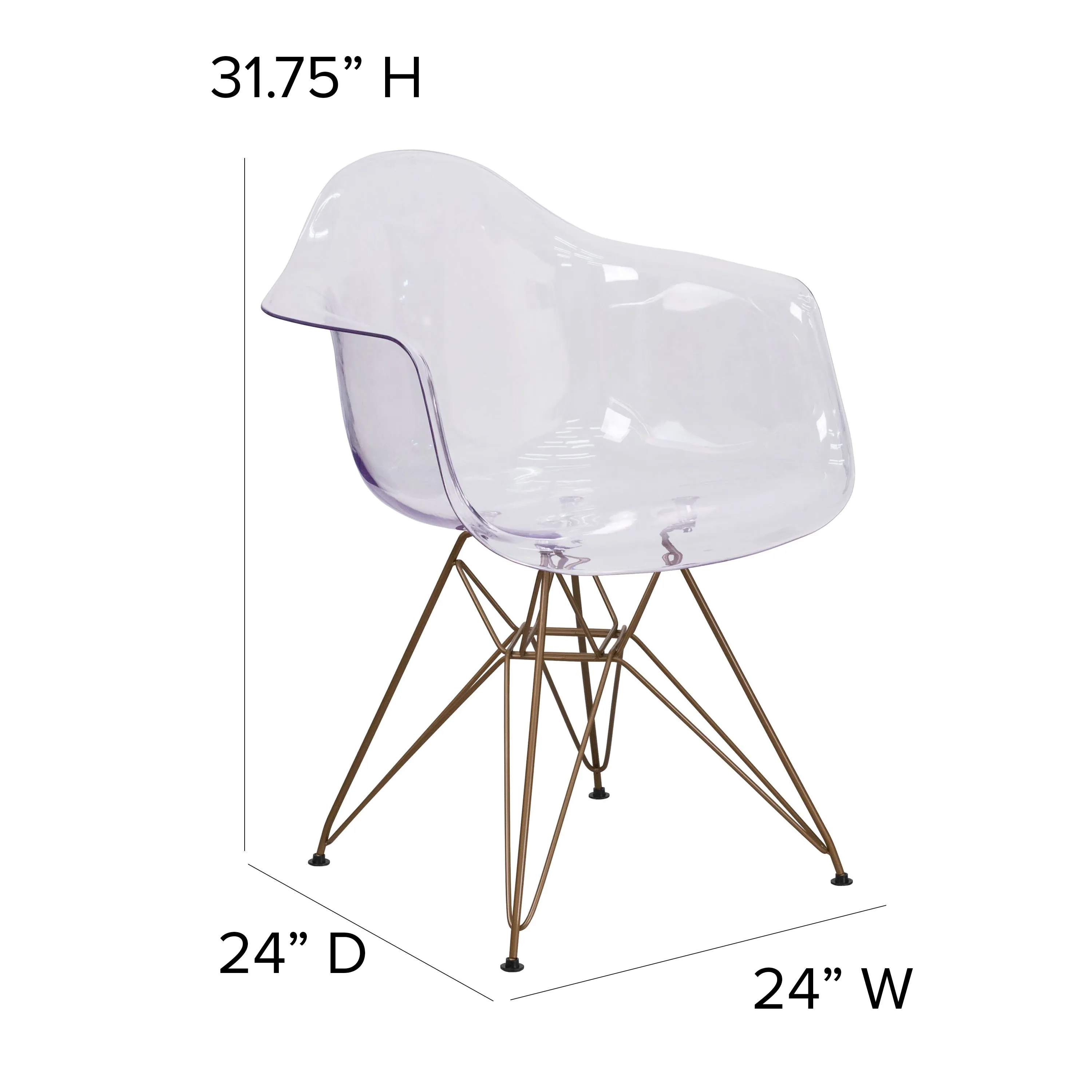 Allure Series Transparent Side Chair with Arms and Gold Base