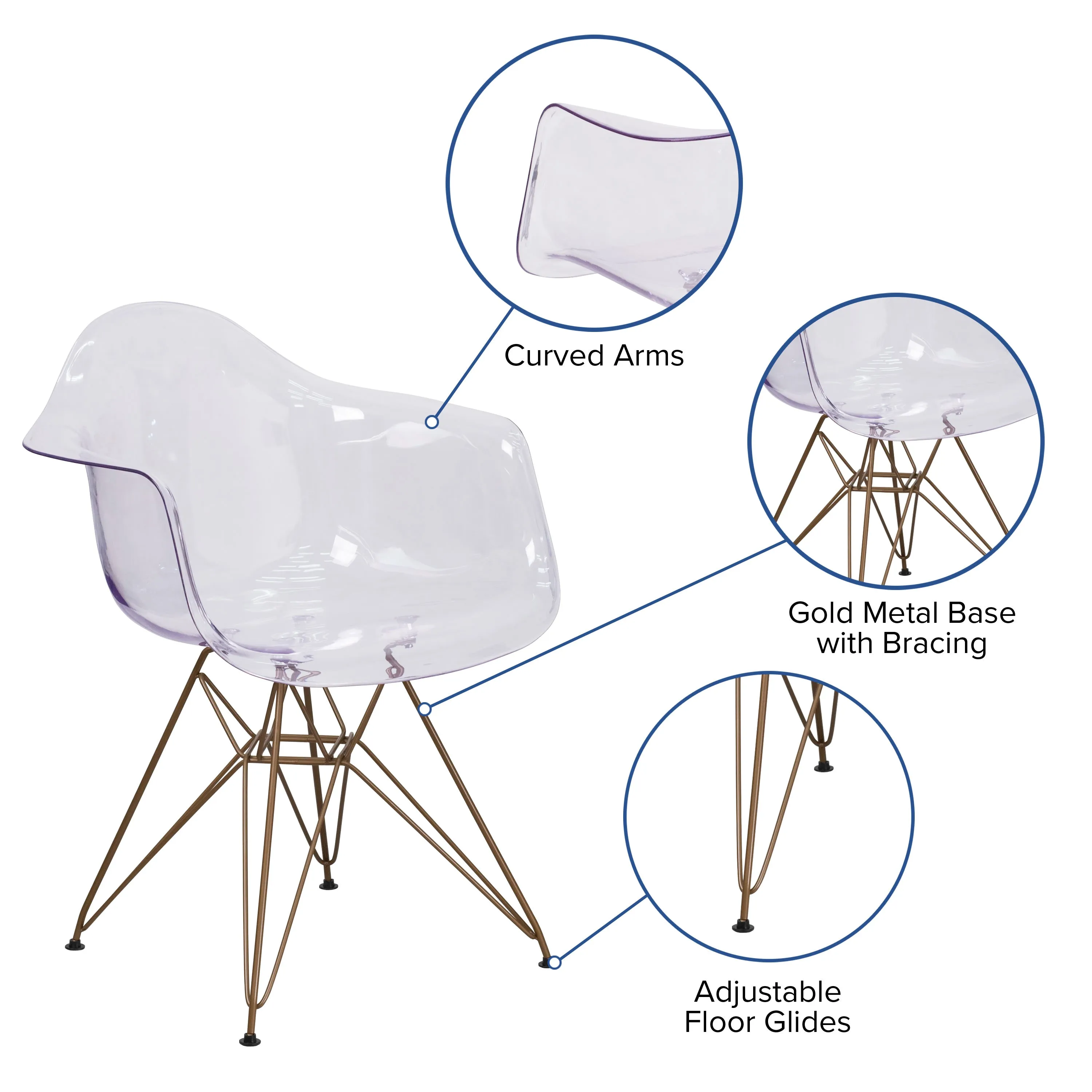 Allure Series Transparent Side Chair with Arms and Gold Base