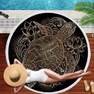 Animal Pattern Round Superfine Fiber Beach Towel with Tassel, Size:150 x 150cm(Lotus Turtle)