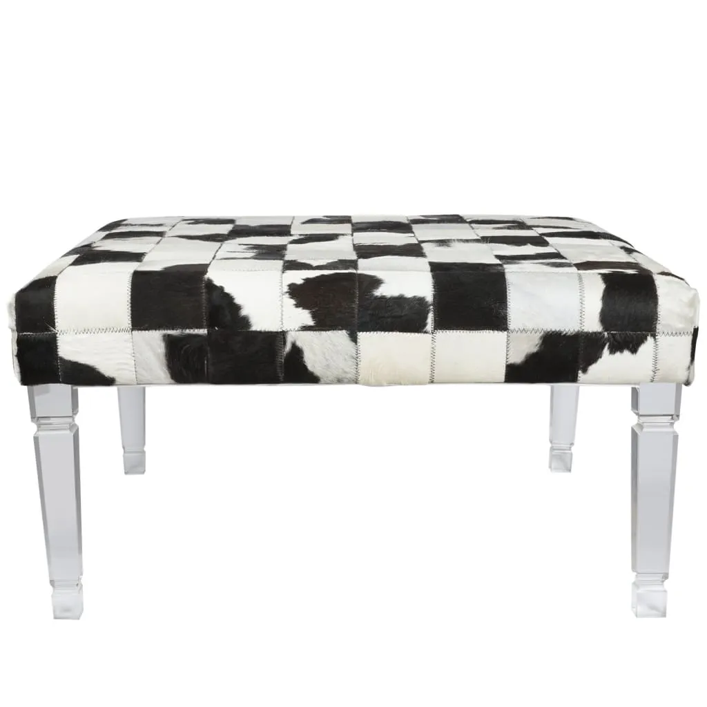 Cow Hide Upholstered Bench with Acrylic Legs, White and Black - BM200865 By Casagear Home