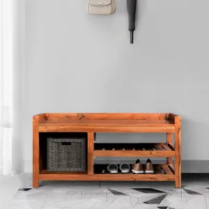 Entryway Bench with Wooden Seat and 2 Slatted Shelves, Brown By The Urban Port