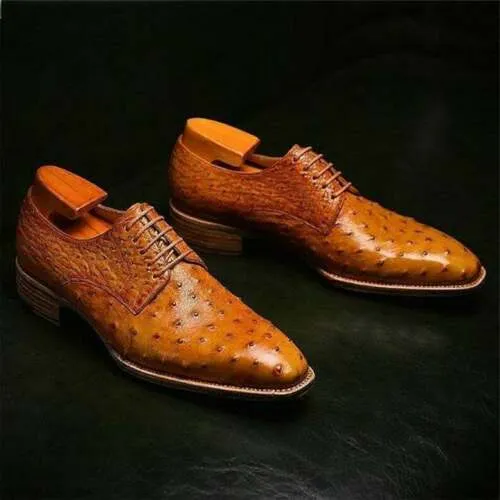 Handmade Men Tan Ostrich Leather Formal Dress Shoes, Oxford Office Shoes