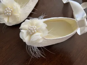 Ivory Baptism Shoes with Flowers, Pearls, & Rhinestones