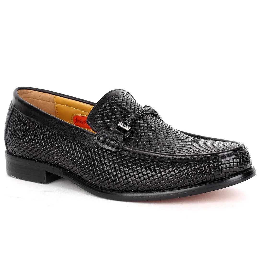 John Mendson Exquisite Black Woven  Designed Loafers Shoe With Black Metal Chain Design