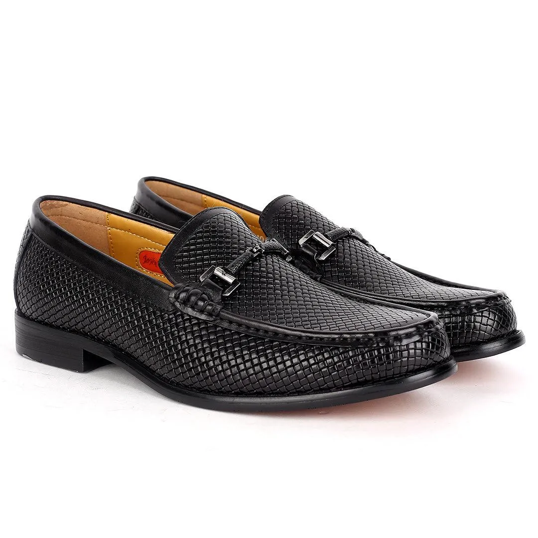 John Mendson Exquisite Black Woven  Designed Loafers Shoe With Black Metal Chain Design