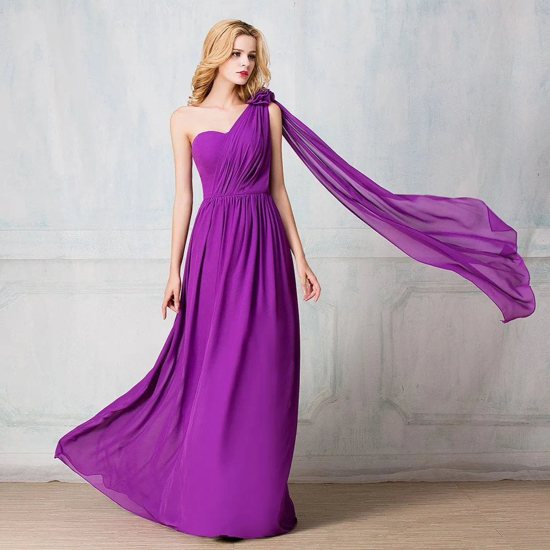 One-shoulder full-length chiffon long prom dress