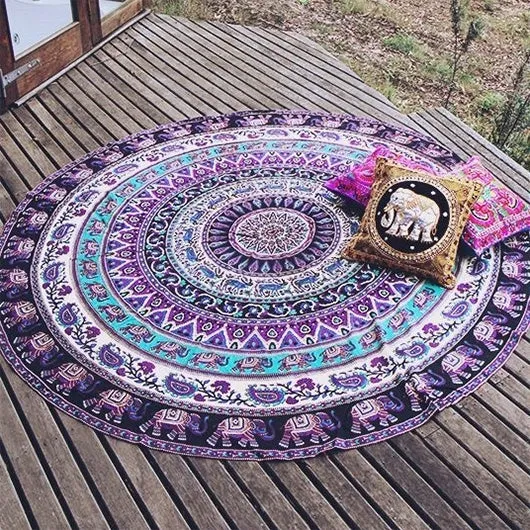 Printed Elephant and Flower Pattern Round Summer Bath Towel Sand Beach Towel Shawl Scarf, Size: 150 x 150cm