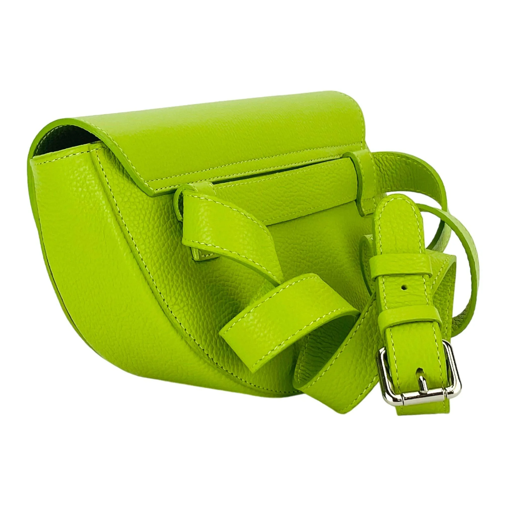 RB1027AD | Women's rounded crossbody bag in genuine leather Made in Italy. Removable and adjustable leather shoulder strap. Accessories Polished Nickel - Lime color - Dimensions: 25 x 15 x 9 cm