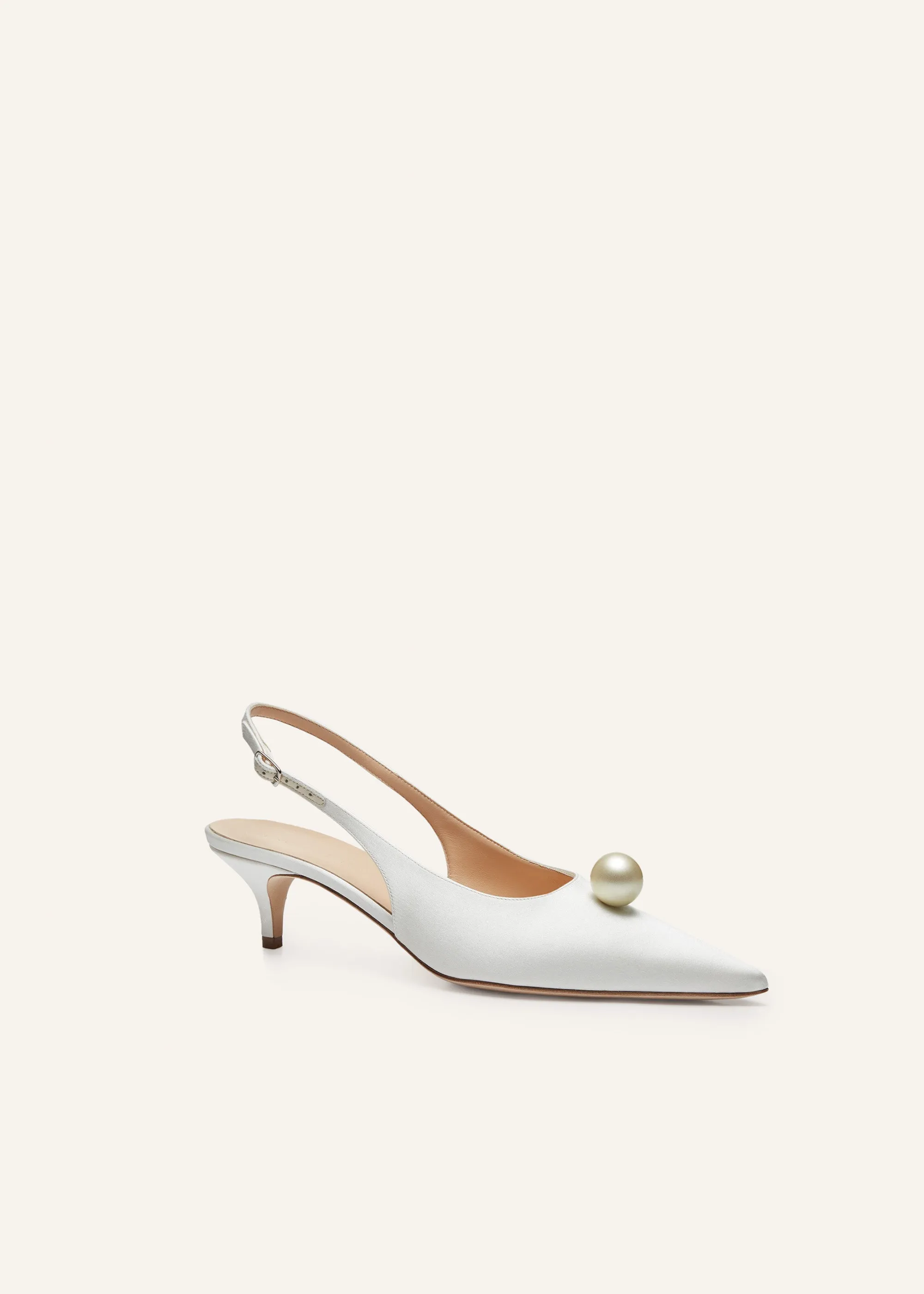 Slingback pearl kitten heels in cream satin