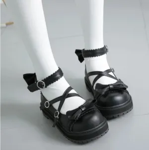 Sohiwoo Round Head Women Shoes Kawaii Girl Sweet Lolita Cosplay Shoes Loli Cos Japanese Sweet Lolita Shoes Cute Bowknot Low Heel