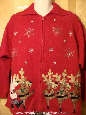 Tacky Ugly Christmas Sweater Dancing Reindeer and Santa (f190)