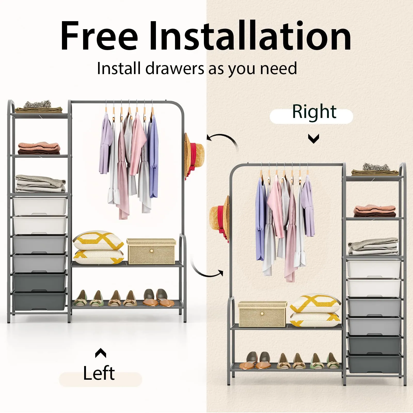 Tangkula Heavy Duty Clothes Rack with 6 Removable Drawers, 3-Tier Open Shelves & 2-Tier Metal Shoe Rack