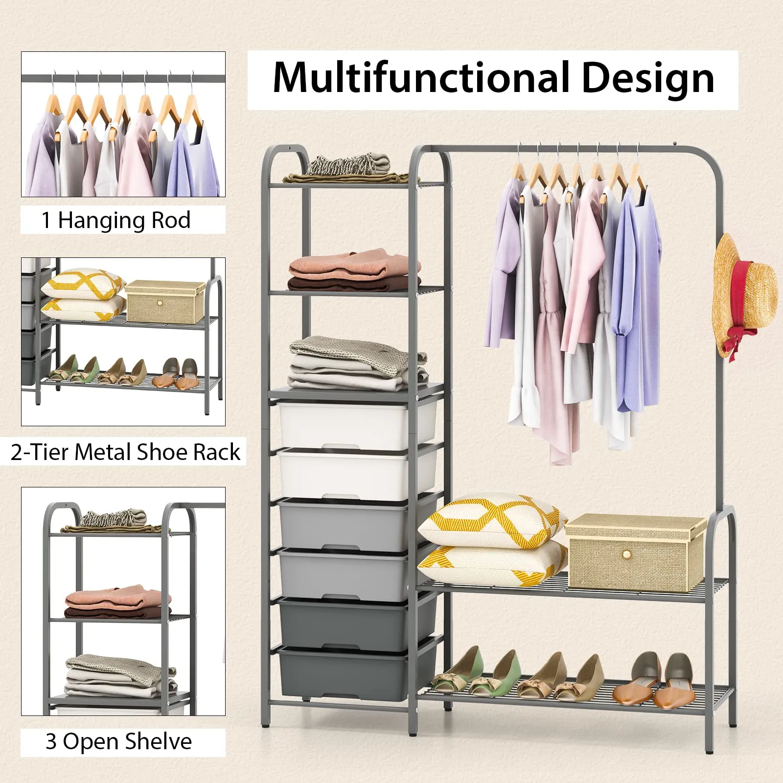 Tangkula Heavy Duty Clothes Rack with 6 Removable Drawers, 3-Tier Open Shelves & 2-Tier Metal Shoe Rack