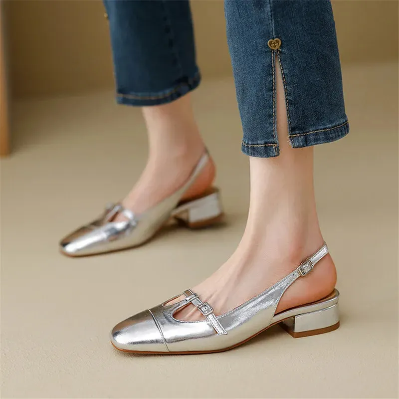 TAVIMART  -  New Split Leather Summer Sandals Square Toe Sandals for Women Low Heel Mary Jane Shoes T-shaped Buckle Pumps Ladies Shoes