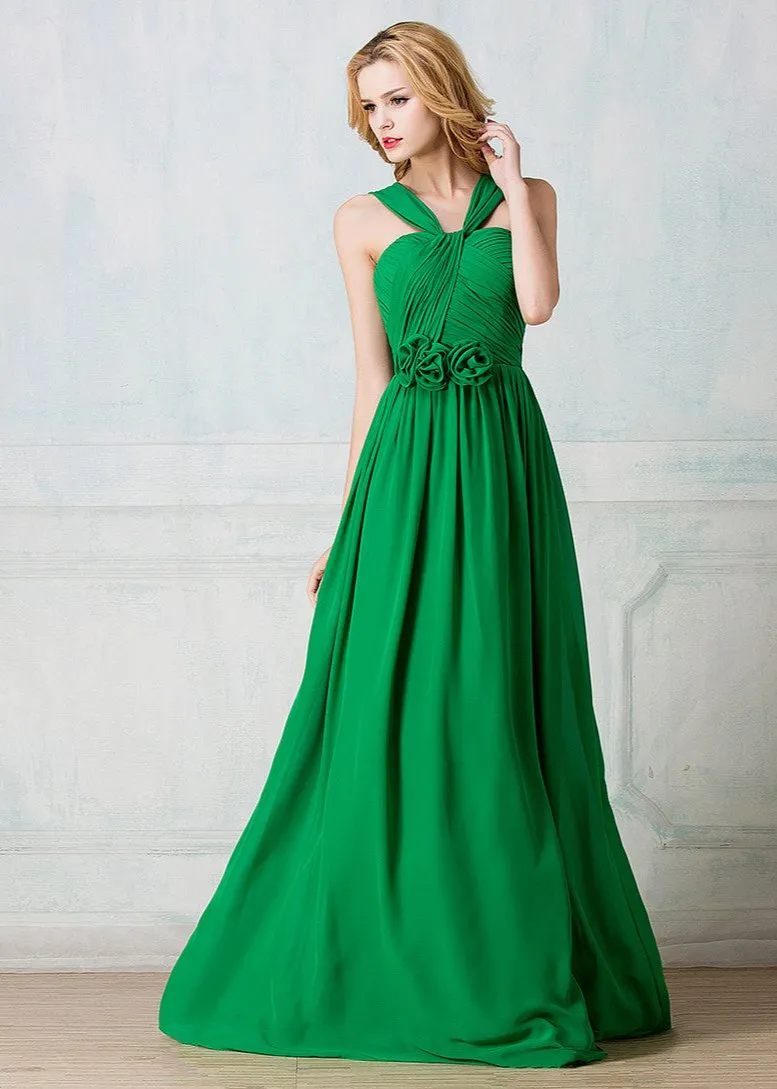 Twisted haltered full-length chiffon long prom dress