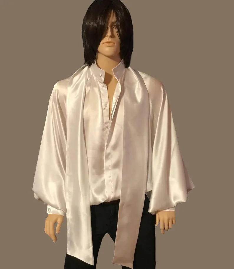 White Banded Collar Silk Charmeuse Raglan Shirt in Sizes S M L XL 2XL 3XL