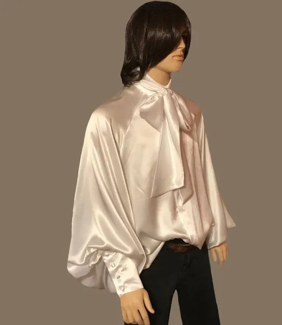 White Banded Collar Silk Charmeuse Raglan Shirt in Sizes S M L XL 2XL 3XL