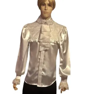 White lace-bib satin dress shirt in  sizes men S M L XL 2XL 3XL