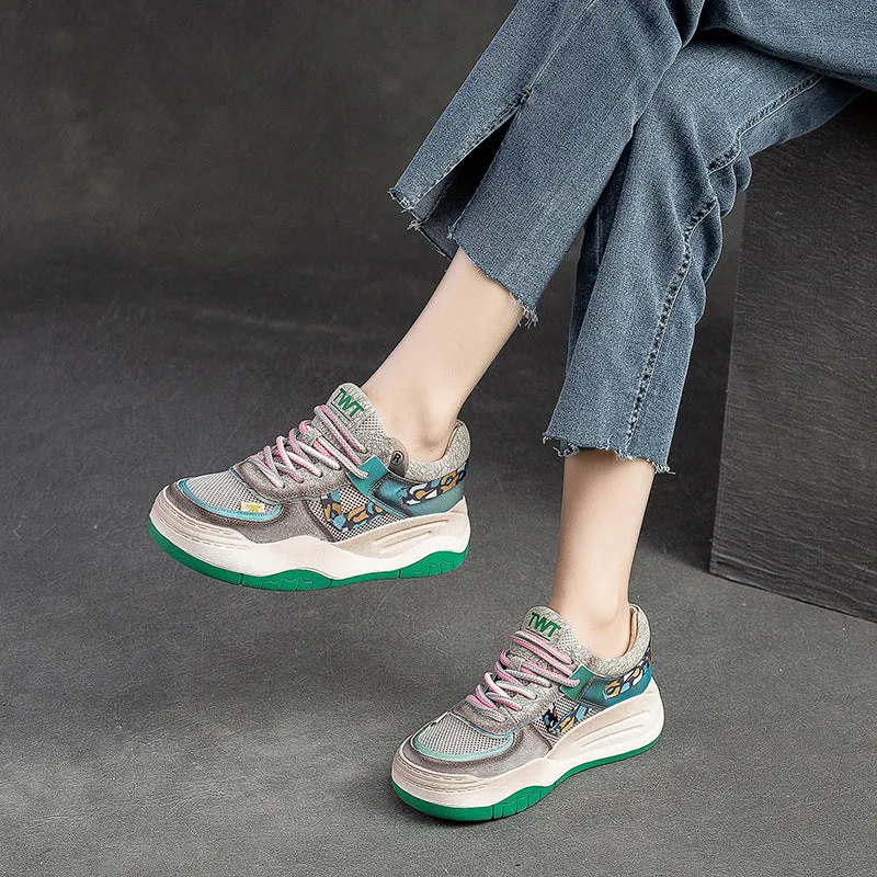 Women Fashion Breathable Mesh Leather Casual Dad Sneakers