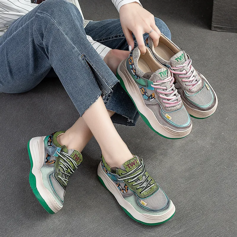 Women Fashion Breathable Mesh Leather Casual Dad Sneakers