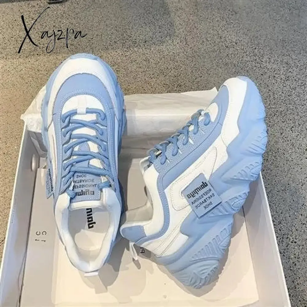 Xajzpa - Sneakers Women 2023 New Chunky  Fashion Lace Up Flat Dad Shoes   Female Autumn Leather Outdoor Walking Tennis Zapatos De Mujer