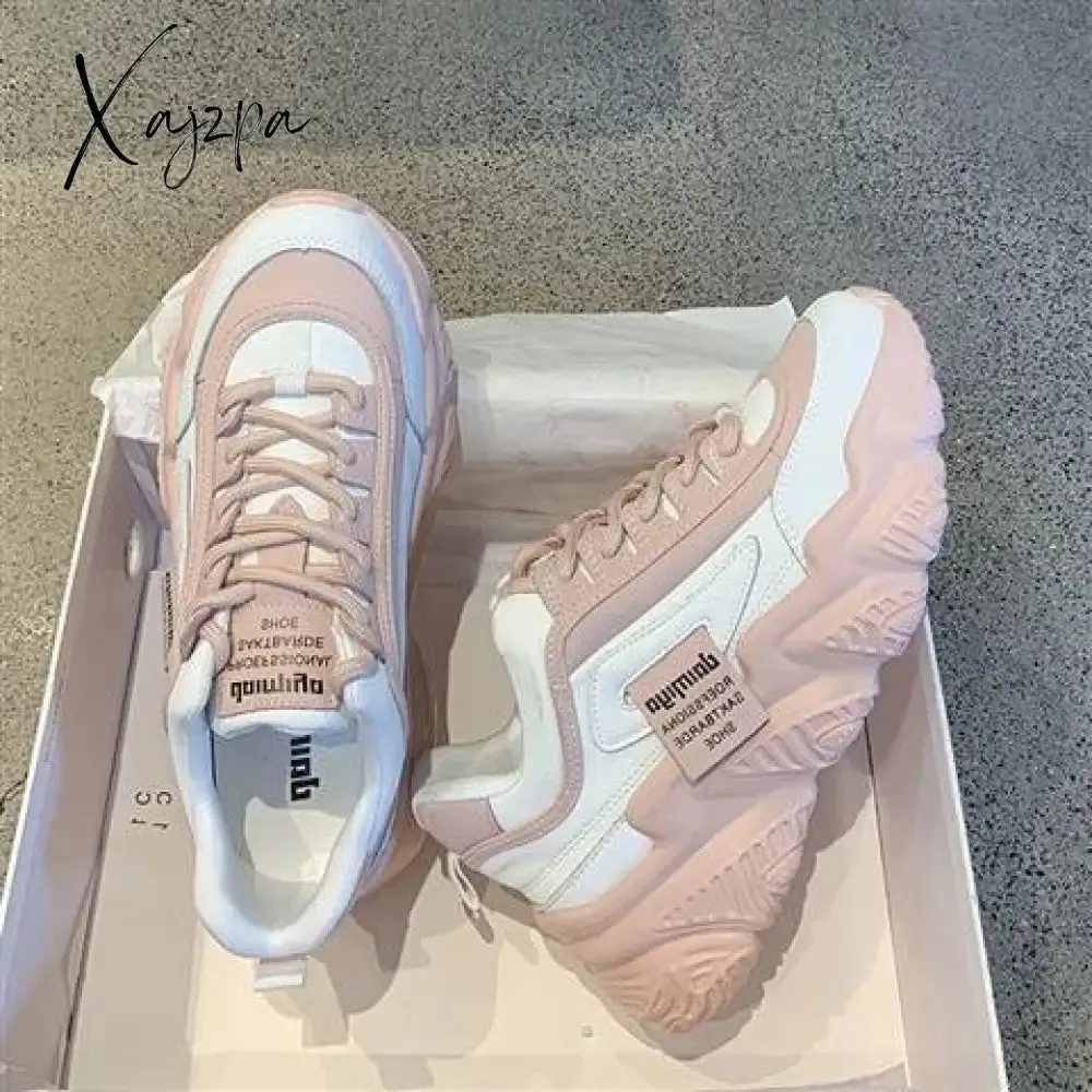 Xajzpa - Sneakers Women 2023 New Chunky  Fashion Lace Up Flat Dad Shoes   Female Autumn Leather Outdoor Walking Tennis Zapatos De Mujer