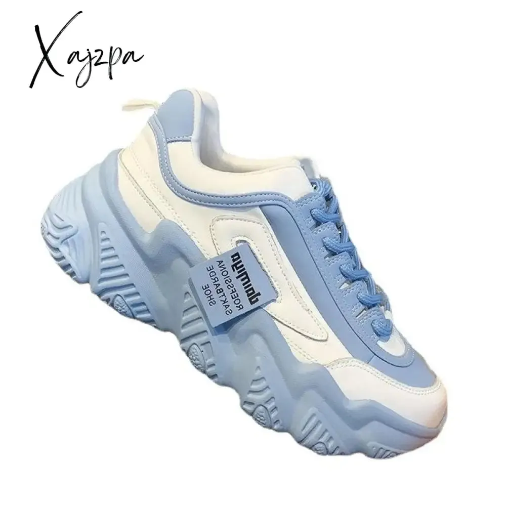 Xajzpa - Sneakers Women 2023 New Chunky  Fashion Lace Up Flat Dad Shoes   Female Autumn Leather Outdoor Walking Tennis Zapatos De Mujer