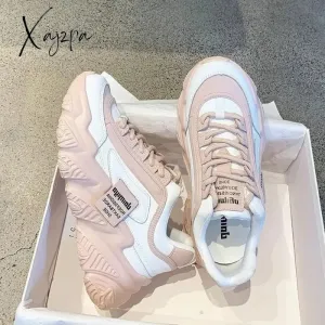 Xajzpa - Sneakers Women 2023 New Chunky  Fashion Lace Up Flat Dad Shoes   Female Autumn Leather Outdoor Walking Tennis Zapatos De Mujer